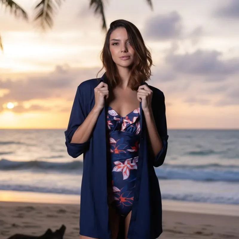 Navy shirt cover-up over a floral one-piece