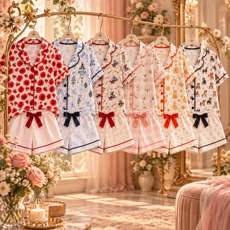 Pijamas estampados Peediama colgados en un perchero